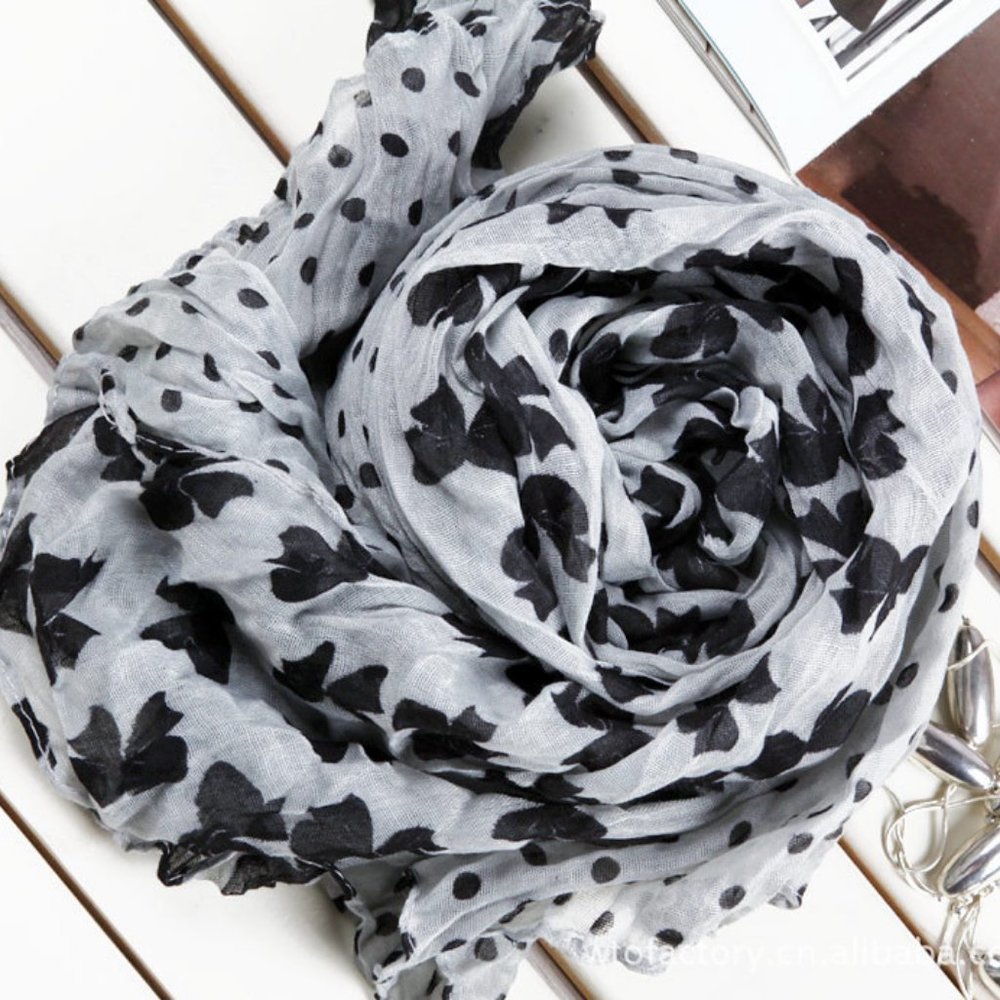 Large butterflies & Dots Print Chiffon Scarf, Soft Shawl, Soft Scarves,Grey - Picture 2 of 3